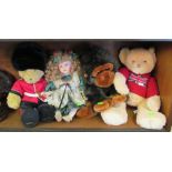 A Harrods Bear, another bear, a toy monkey and a doll