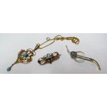 A 9ct gold opal pendant on chain and another opal brooch and opal brooch