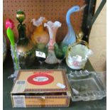 A blue glass duck, various Victorian glass vases (s/a/f), green and gilt glass decanter and two
