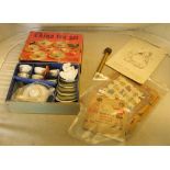 A childs china teaset, 'Busy Bees' transfer pictures and other transfers, vintage advent calender