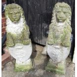 A pair of garden statues lions holding shields