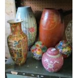 An oriental style vase (holed for a table lamp), Japanese pottery vase and another and three