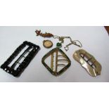 A heart enamel pendant, photo locket, 3 buckles and enamel fish