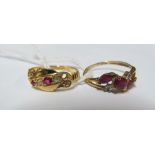 A ruby and diamond ring on 18ct band 2.1gm and another marked 9k, 1.2gm