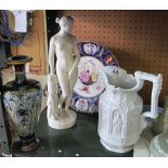 A Parian style model of lady, Doulton vase and jug and plate