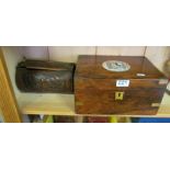 A walnut workbox with applied plaque courting couple and a carved bamboo box