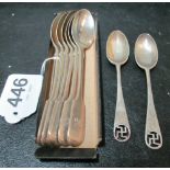 Six silver teaspoons and two others