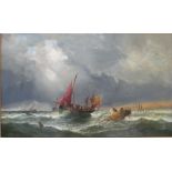 R Stubbs - oil on canvas fishing boats in stormy seas signed and dated 1850 in gilt frame 74 1/2cm x