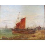 A 19th Century oil fishing boats on shore signed R Jobling and dated 1872 in gilt frame 47cm x 36cm