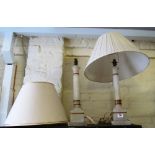 A pair of white onyx and gilt table lamps and shades