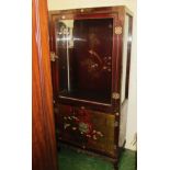 A pair of Oriental display cabinets with gilt lacquer doors with bird and flower decoration (no