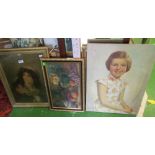 An oil on canvas still life and an oil young girl (slightly a/f) and a pair of oleographs