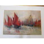 A watercolour harbour scene with multiple boats with red sails monogrammed JG 51 1/2cm x 33cm