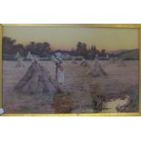 Florence M Gill (Exh 1894-1926) watercolour girl with wheatsheaf amongst the haystacks framed and