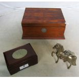 A walnut box and an Oriental box with jade panel to lid and a horse lighter