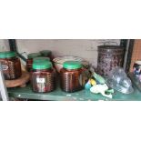 A set of six vintage Bushells Coffee storage jars, other kitchenalia and a metal tin