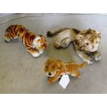 Three Steiff animals; lion, tiger and dog (buttons missing)