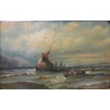 After Charles Thornley - oil on canvas fishing vessels and other boats bearing label to gilt frame
