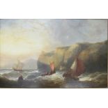 After James Edwin Meadows (1828-1888)- oil on canvas fishing boats by cliffs on stormy seas framed