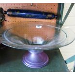 A Norwegian art glass bowl on purple pedestal foot and a Victorian blue glass rolling pin