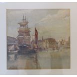 Attb M W Leach small watercolour sailing ships in harbour monogrammed MLW 22 1/2cm x 21cm