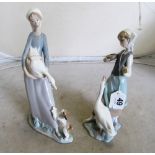 A Lladro figure girl with goose and another girl with goose and bowl of food