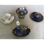 A Carlton Ware inkwell, two dishes (one a/f) and a French cup and saucer