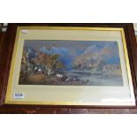 W.G.Hill? - watercolour Italian mountain and river scene with figures heightened in white