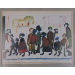 A Lowry print figures in street scene people standing around, signed in pencil 383 of 500