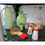 A retro green Bakelite Thermos flask, a vacuum flask, retro tennis racquet coasters, two pairs