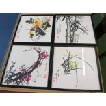 Four small oriental prints, two silhouette prints and cockerel