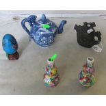 A blue and white small teapot, teapot, cloisonné egg and pair small vases