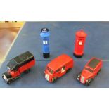 Three modern Corgi toys, pillar box and airmail box