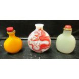 An opaque glass and red dragon scent bottle, pottery scent bottle (no lid) and two scent bottles (