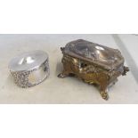 An EPBM teacaddy with floral design and a metal casket jewellery box