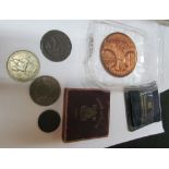 A Trafalgar bi-centennial Five Pound coin (uncirculated), Georgian Cartwheel penny, 1801 coin (