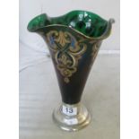 A glass vase with fluted top on silver-plated base