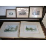 Two watercolours Cambridge, print Cambridge, Windermere and Westmoreland prints