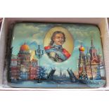 A Fedoskino laquer box No 403 with Russian town scene and portrait of 17th Century man signed