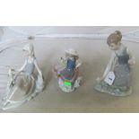 Three Lladro figures; girl with basket of flowers, lady picking flowers and lady with dove