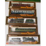 Mainline Railway two locos with tenders and three carriages, boxed