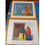 Roberto Arana pastel Los Allas and two pictures Mexican figures