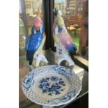 A pair of Karl Ens parrot ornaments and a Meissen teaplate