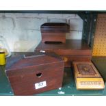 A tea caddy (no interior), needlework box and other boxes