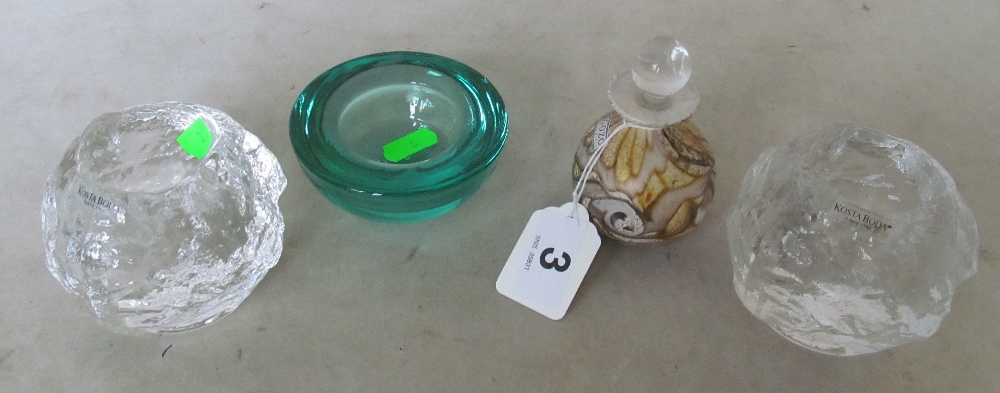 A Gozo scent bottle, Ittala Finland green votive bowl and two Kosta Boda snowball tea light holders