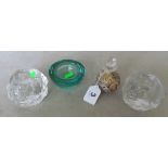 A Gozo scent bottle, Ittala Finland green votive bowl and two Kosta Boda snowball tea light holders