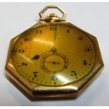A Wadsworth gold coloured octagonal pocket watch, marks 14 karat. Elgin movement
