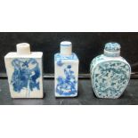 Three blue and white oriental scent bottles two without lids