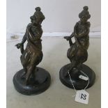 Two bronze figures ladies on marble bases