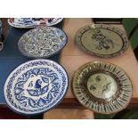 Four pottery plates, two others, bowl and square dish